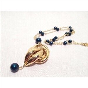 Handmade Vintage Pendant Necklace Swarovski Blue Pearl Beaded Chain
